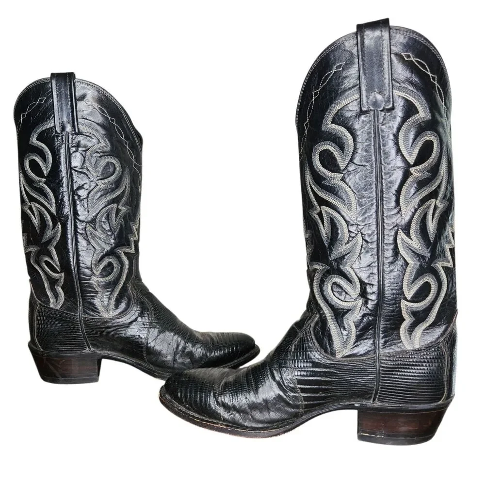 DAN POST Mens Exotic Leather Black Teju Lizard Western Cowboy Boots 8 EW 350 R
